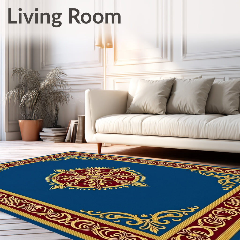 Royal Blue Gold Floral Medallion Border Rug