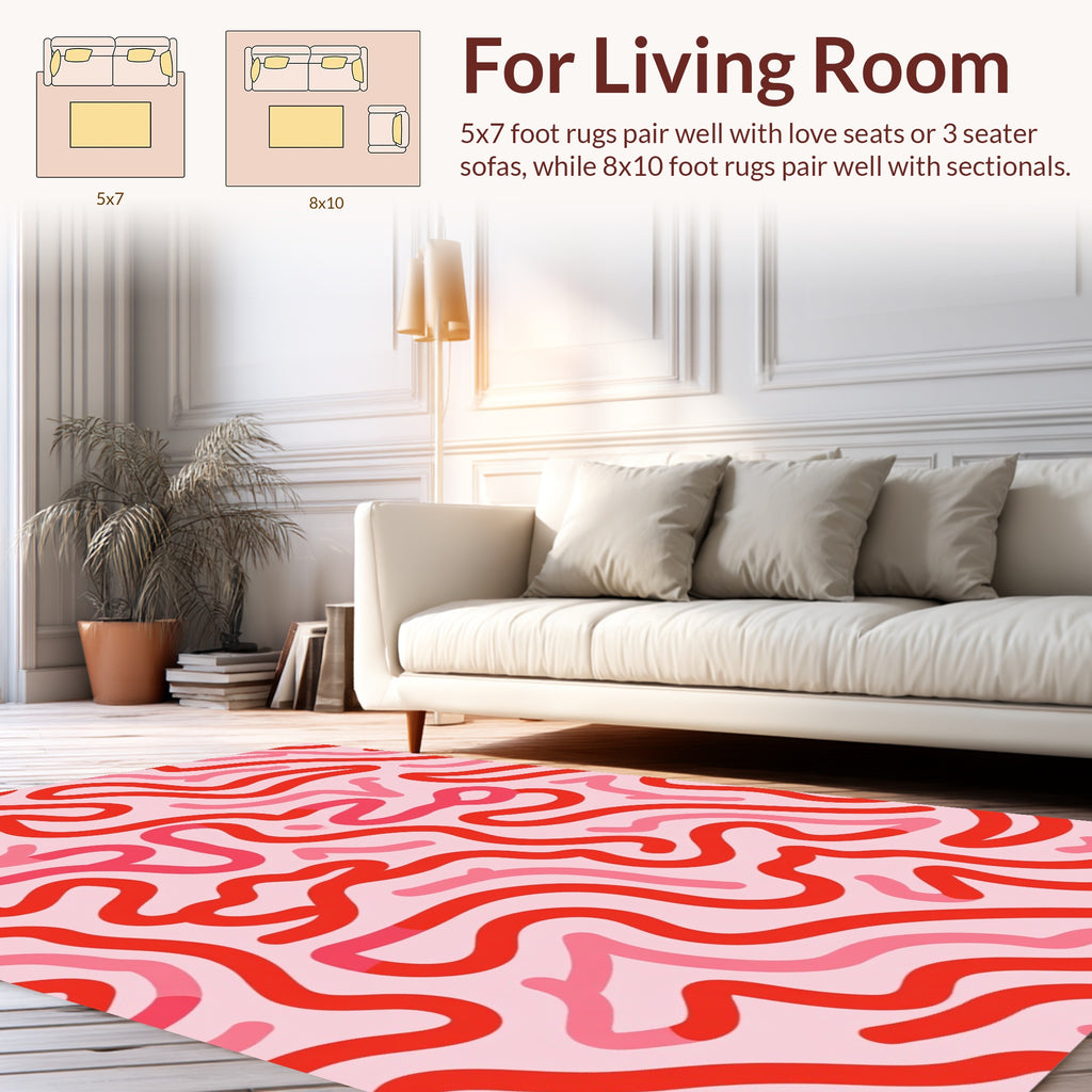 Playful Red Pink Wavy Line Design Rug