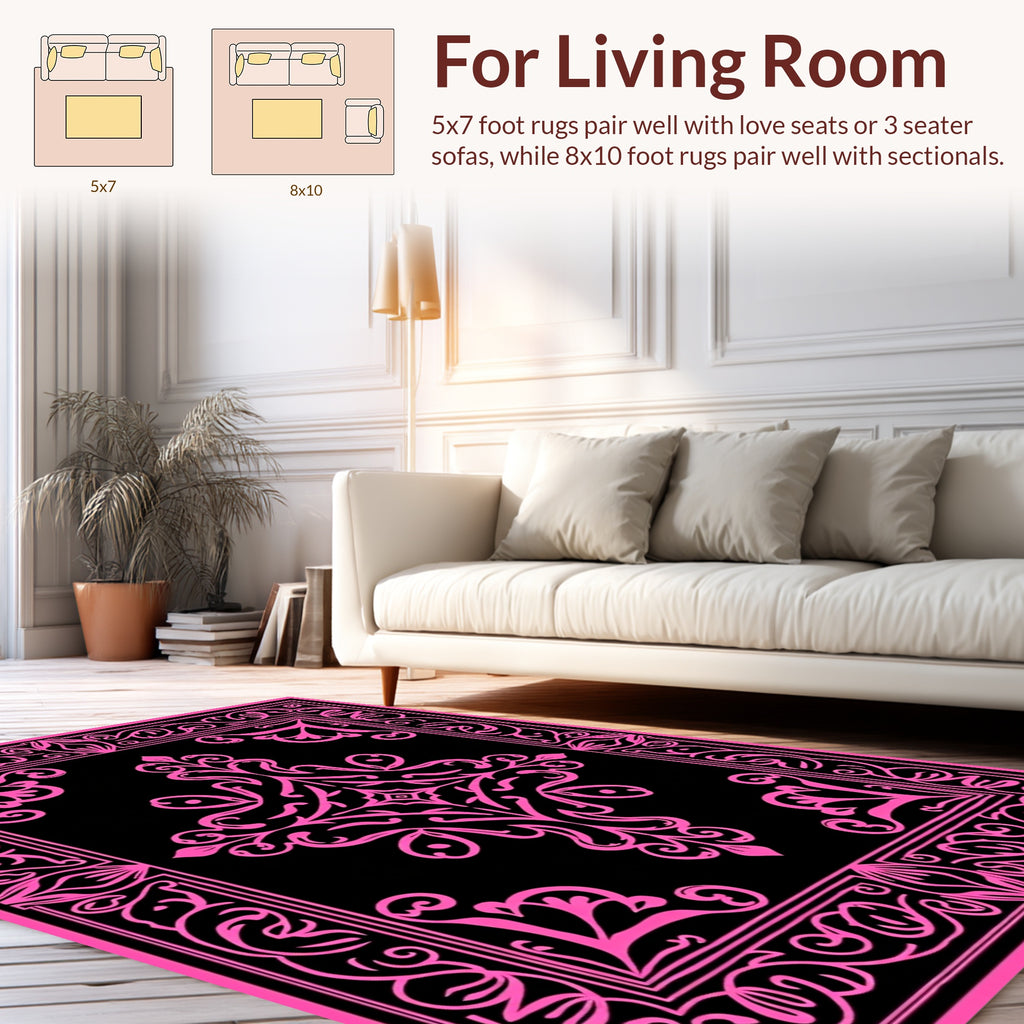 Ornate Pink Black Paisley Pattern Design Rug