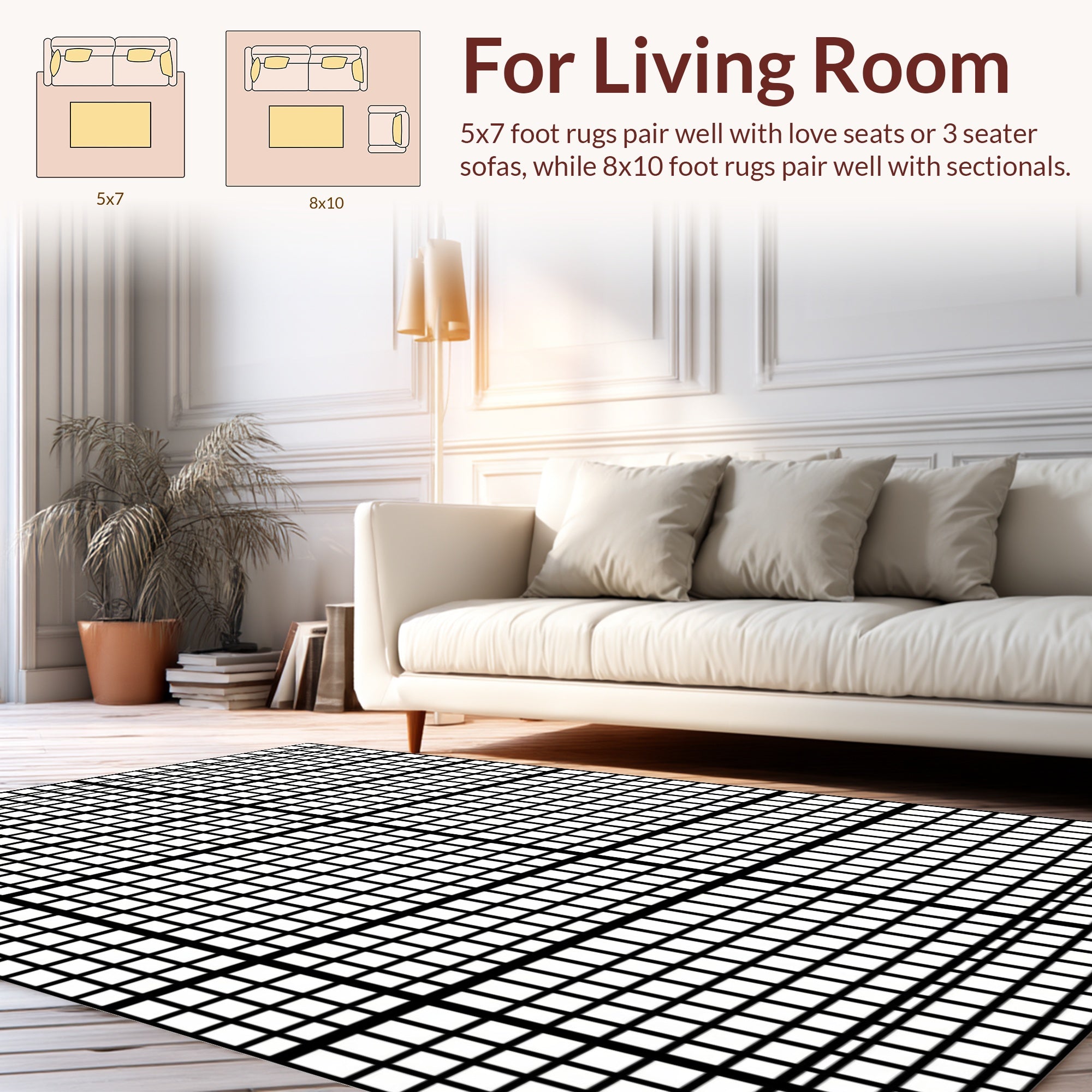 Bold Black White Grid Design Rug