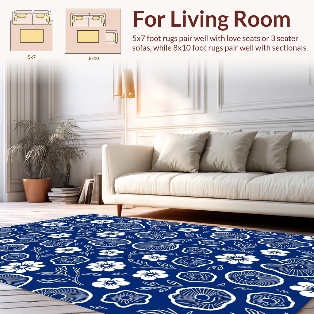White Floral Patterned Dark Blue Rug