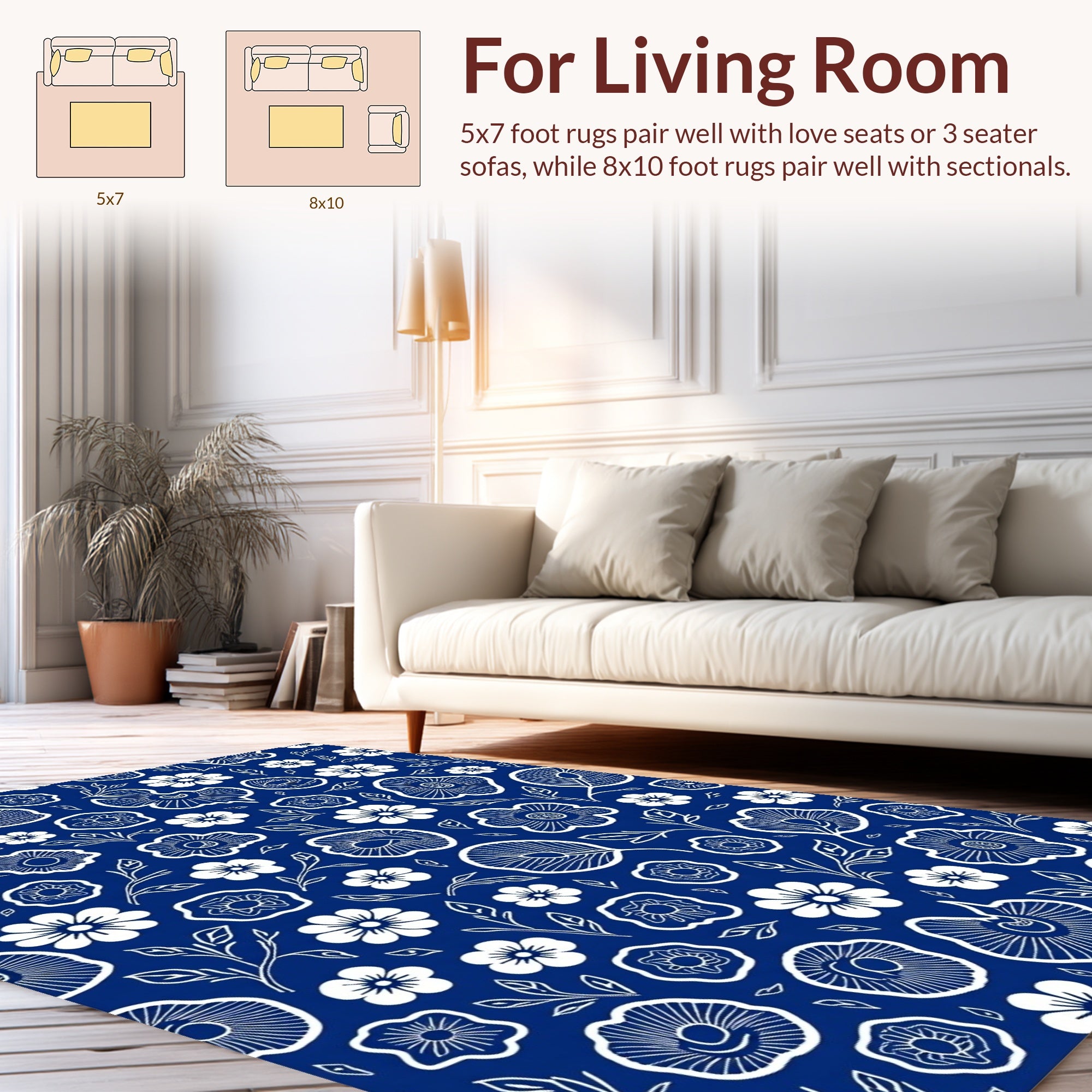 White Floral Patterned Dark Blue Rug