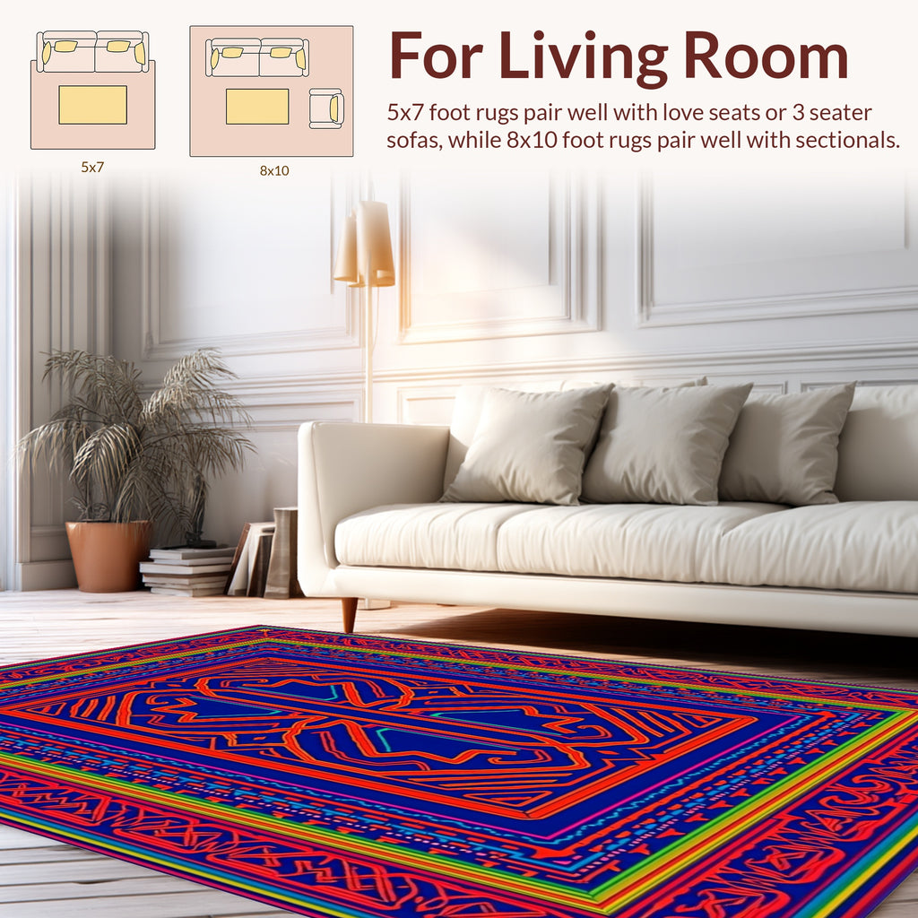 Vibrant Blue Red Geometric Frame Area Rug