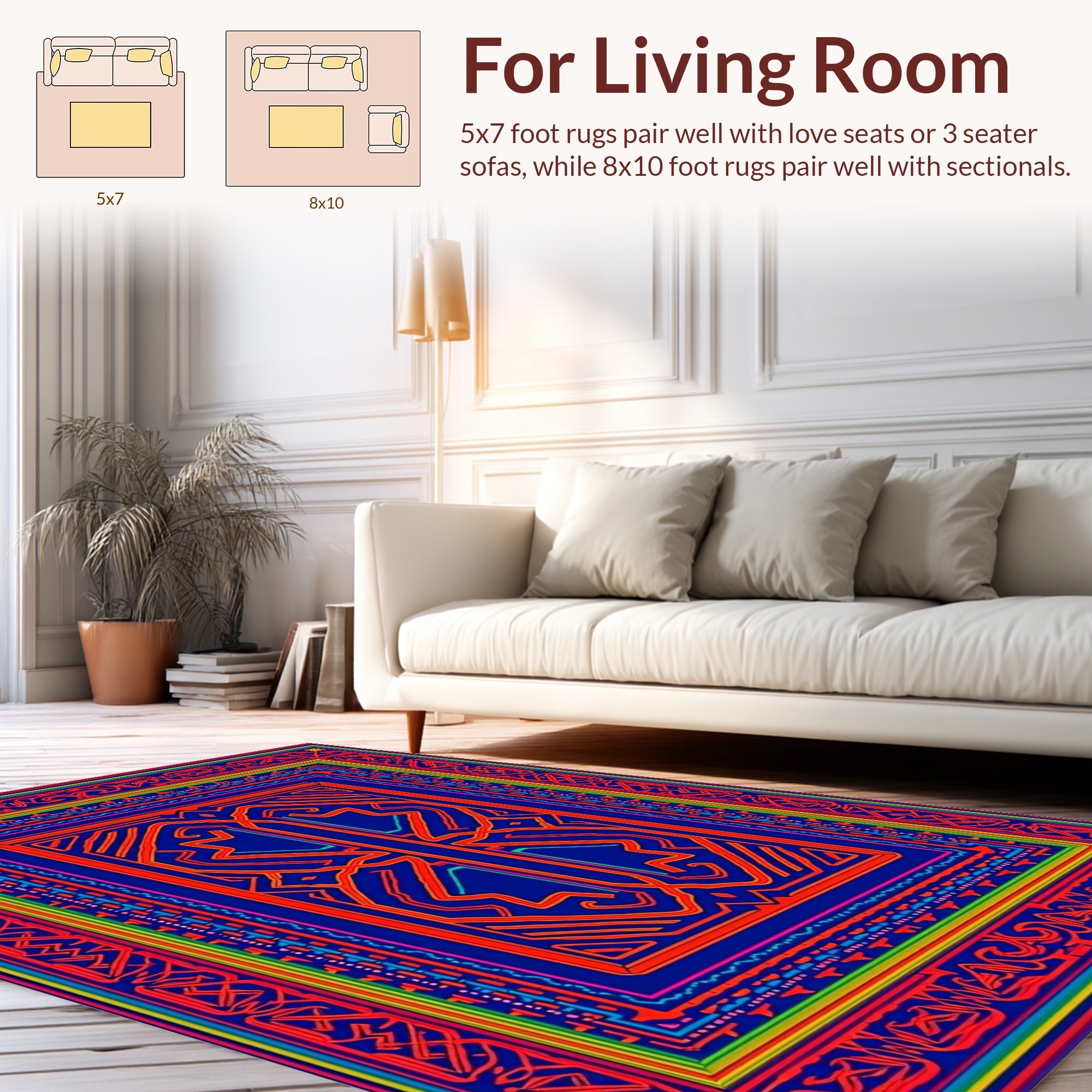 Vibrant Blue Red Geometric Frame Area Rug