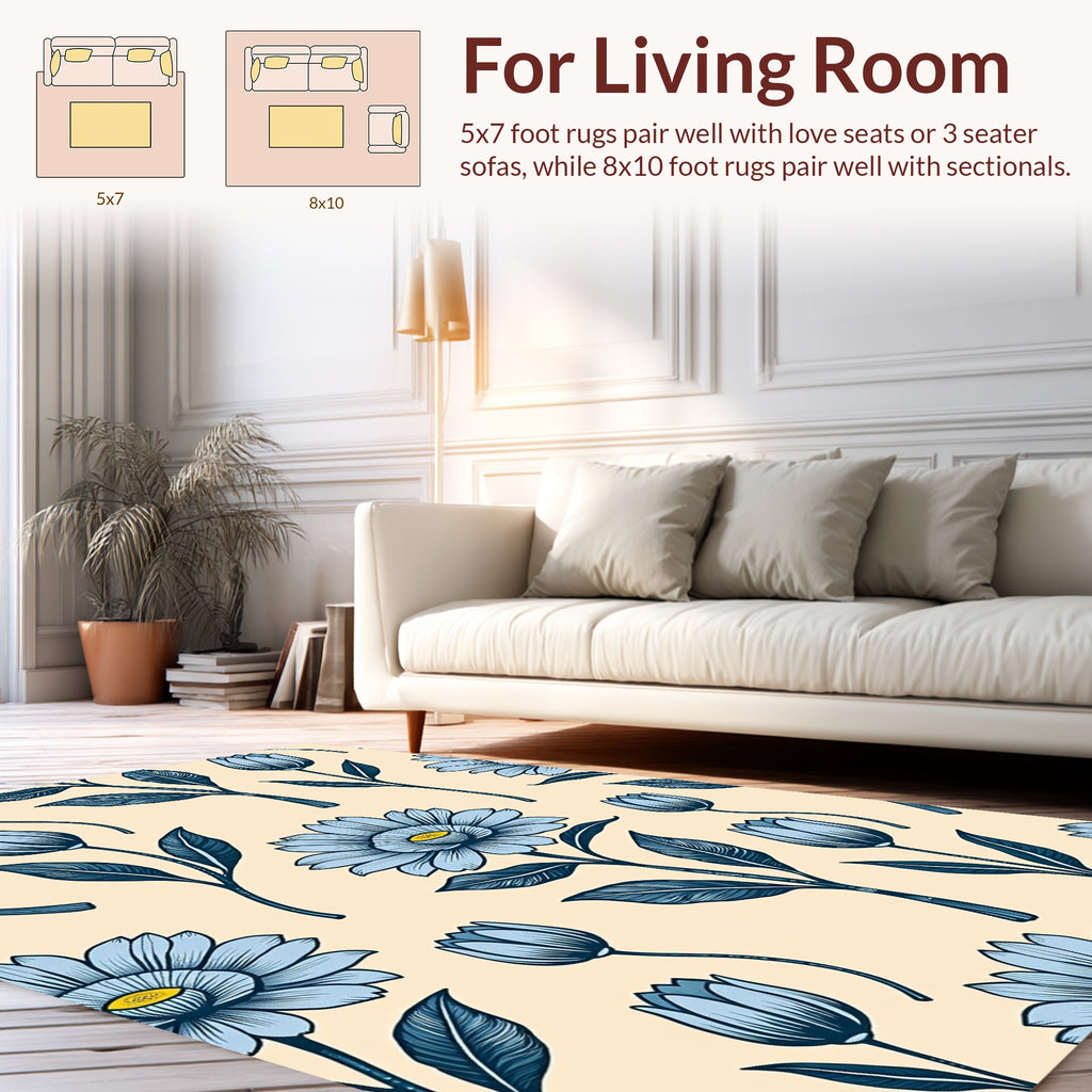 Light Blue Floral Botanical Pattern Rug