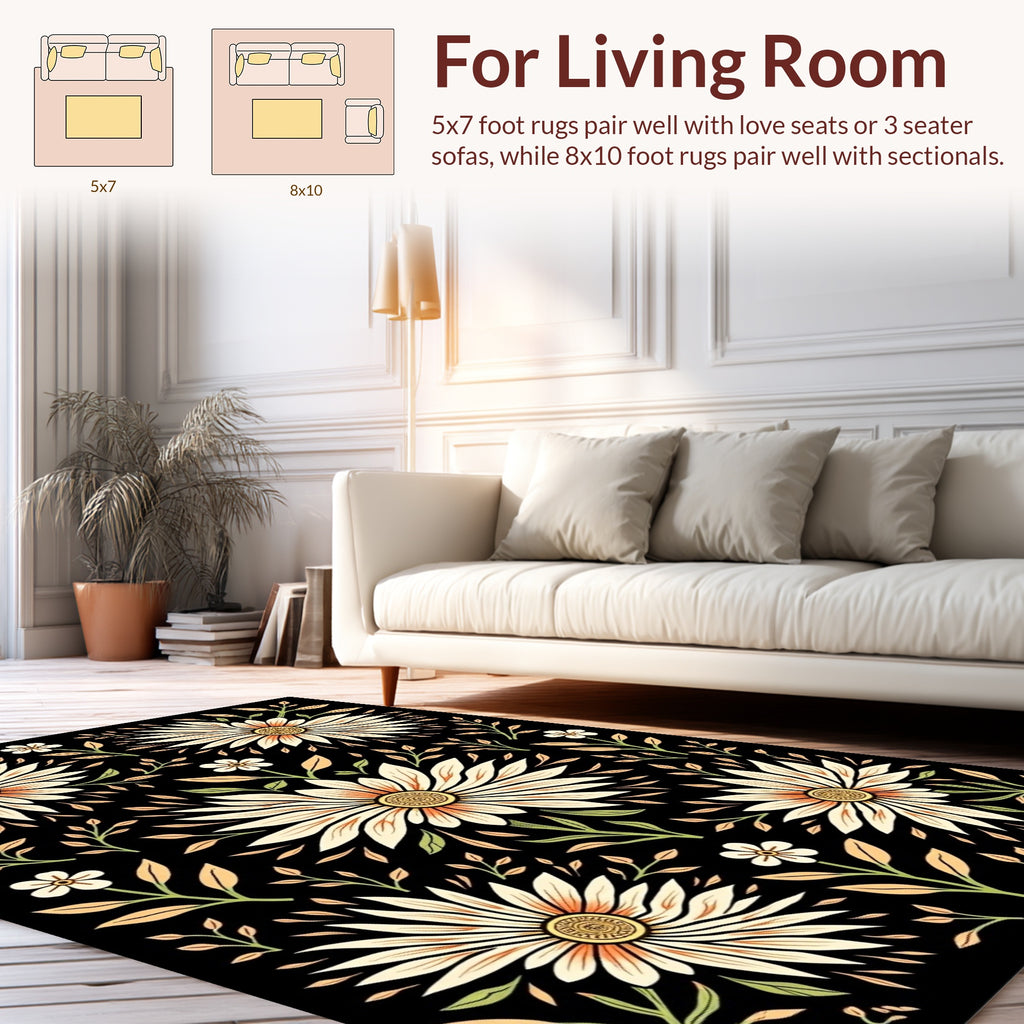 Black Floral Daisy Pattern Rug