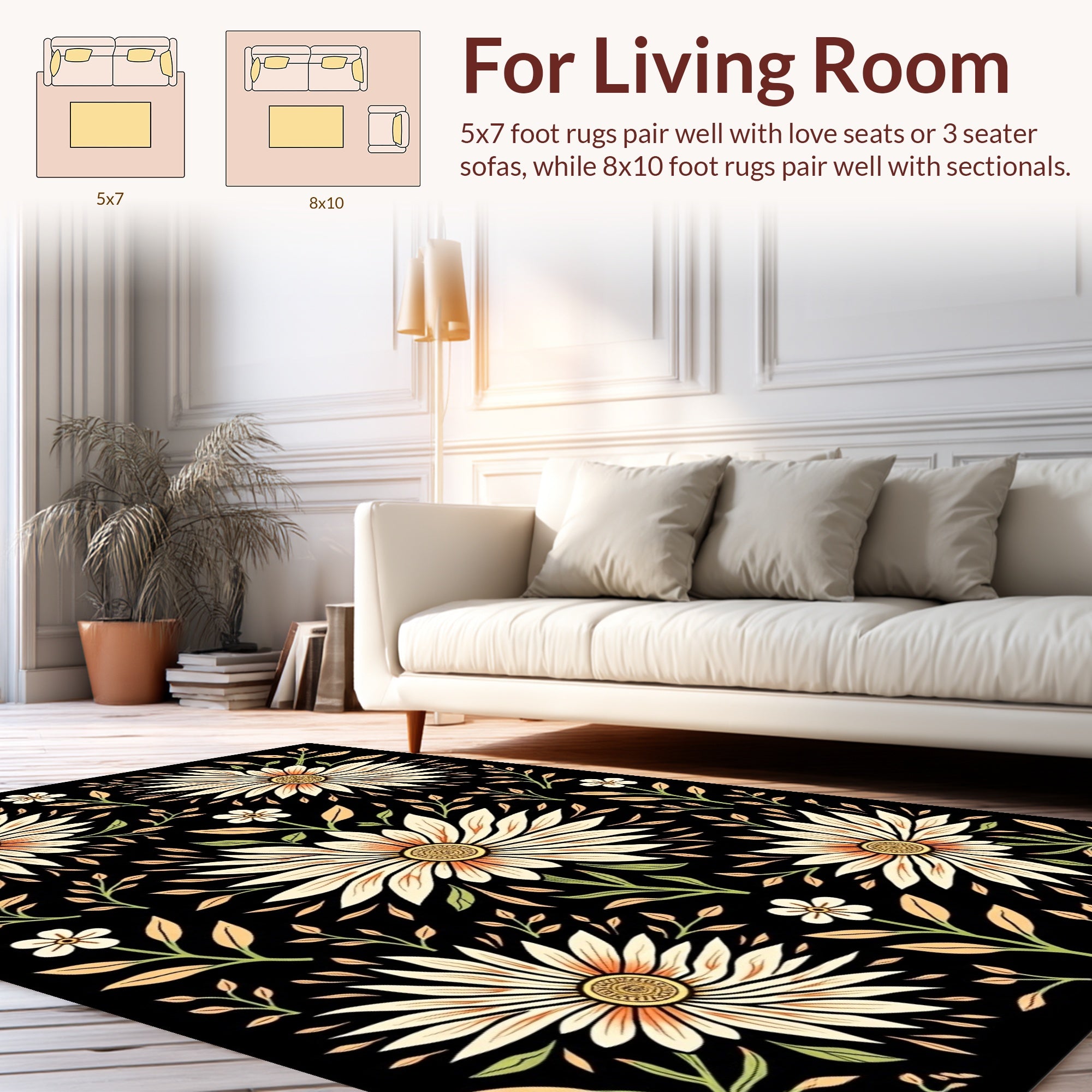 Black Floral Daisy Pattern Rug