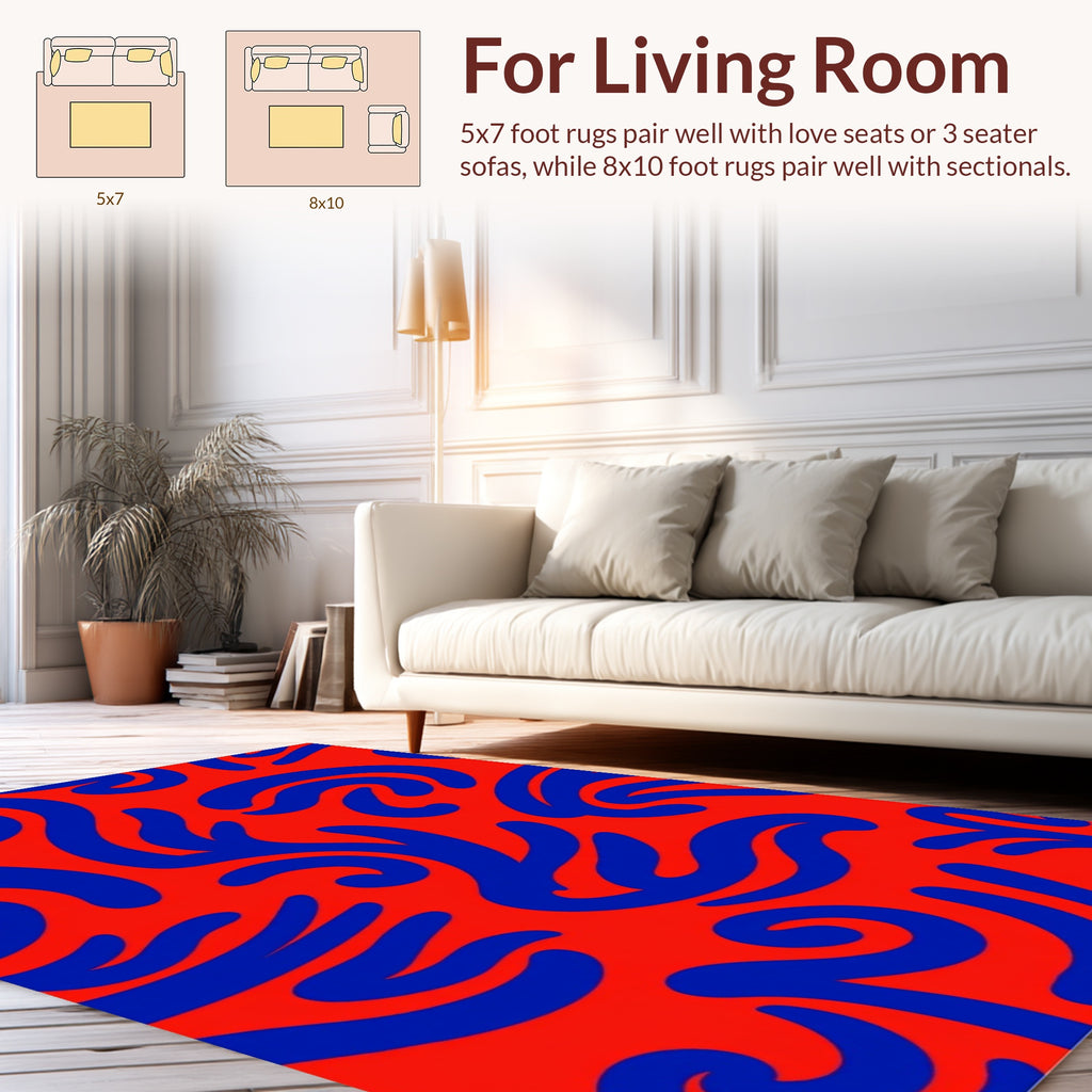 Curved Blue Shapes on Red Design Rug