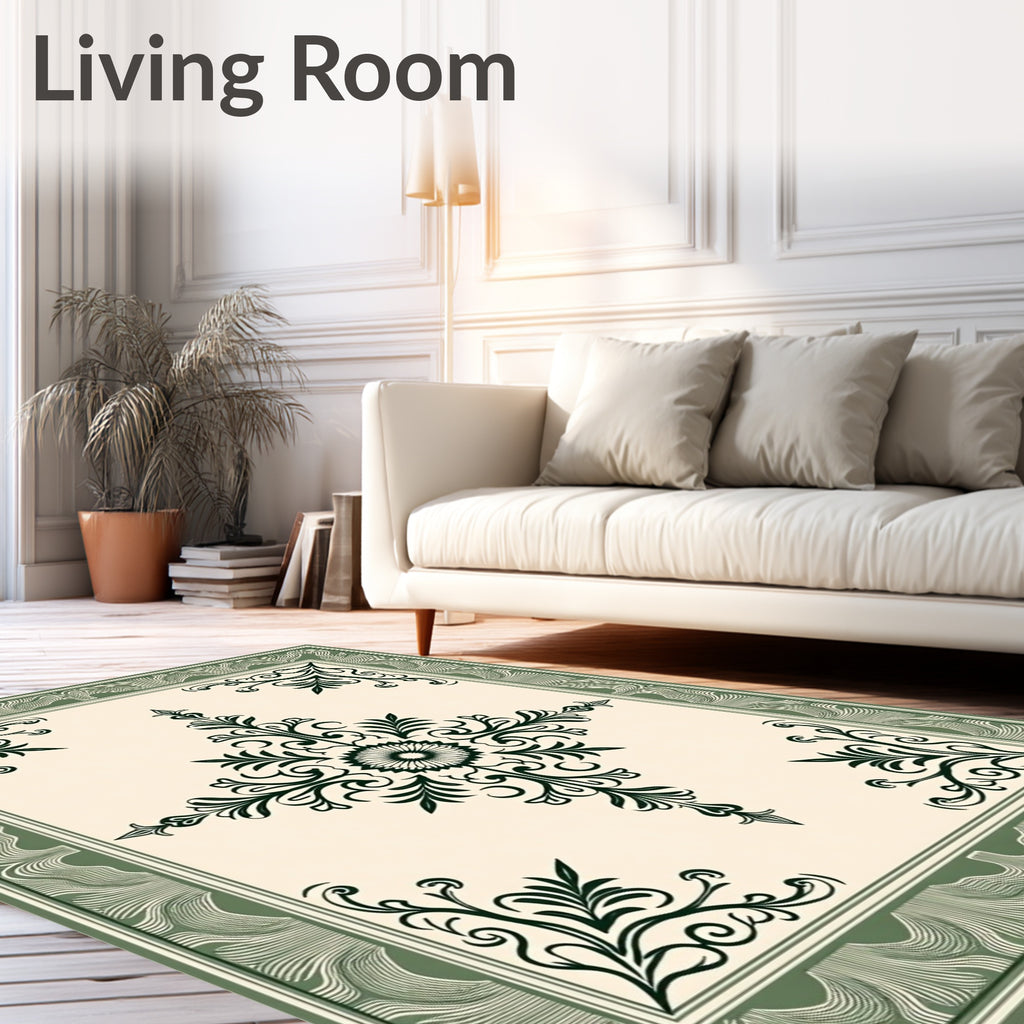 Elegant Creme Green Floral Medallion Rug