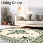 Elegant Creme Green Floral Medallion Rug