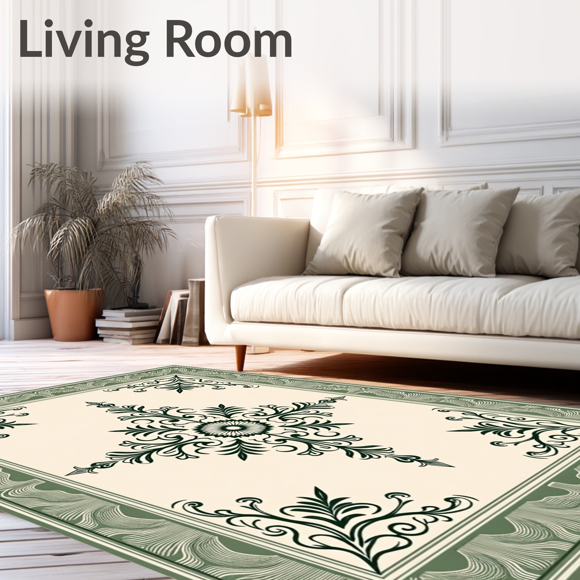 Elegant Creme Green Floral Medallion Rug