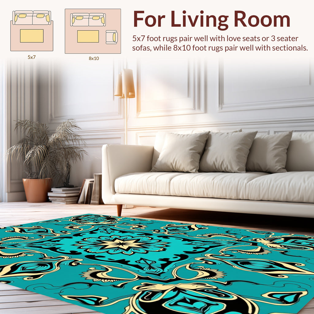 Ornate Turquoise Floral Medallion Pattern Rug