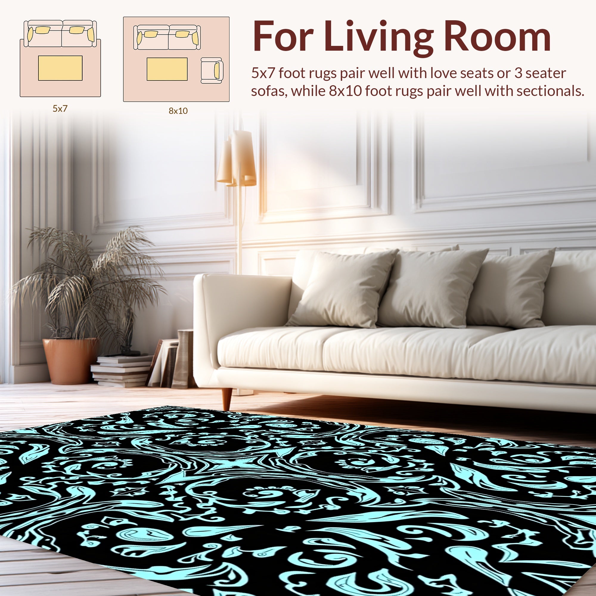 Ornate Light Blue Floral Pattern Rug