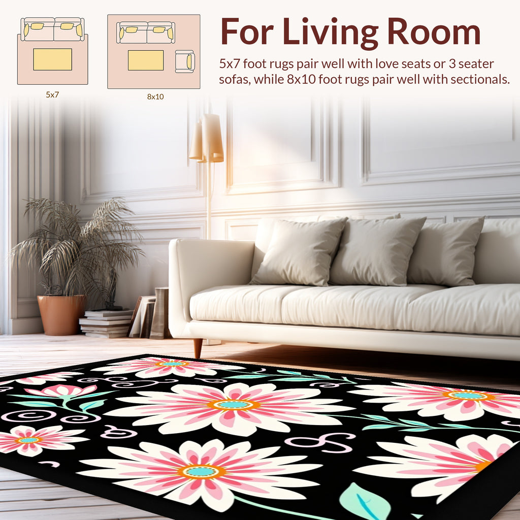 Bold Floral Pattern on Black Background Rug