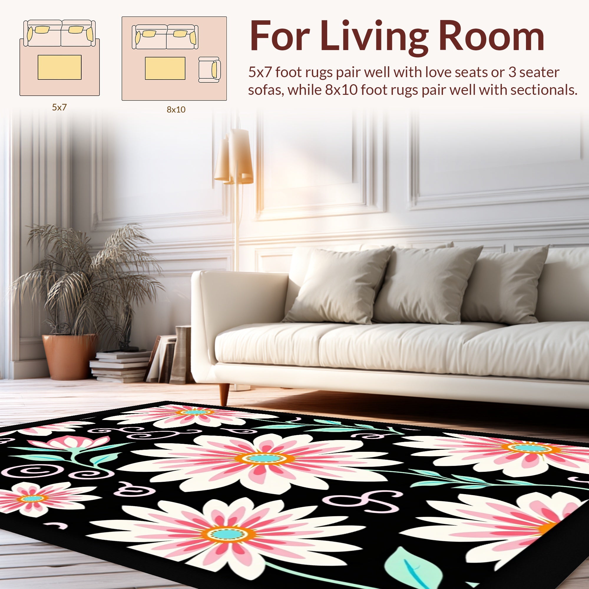 Bold Floral Pattern on Black Background Rug