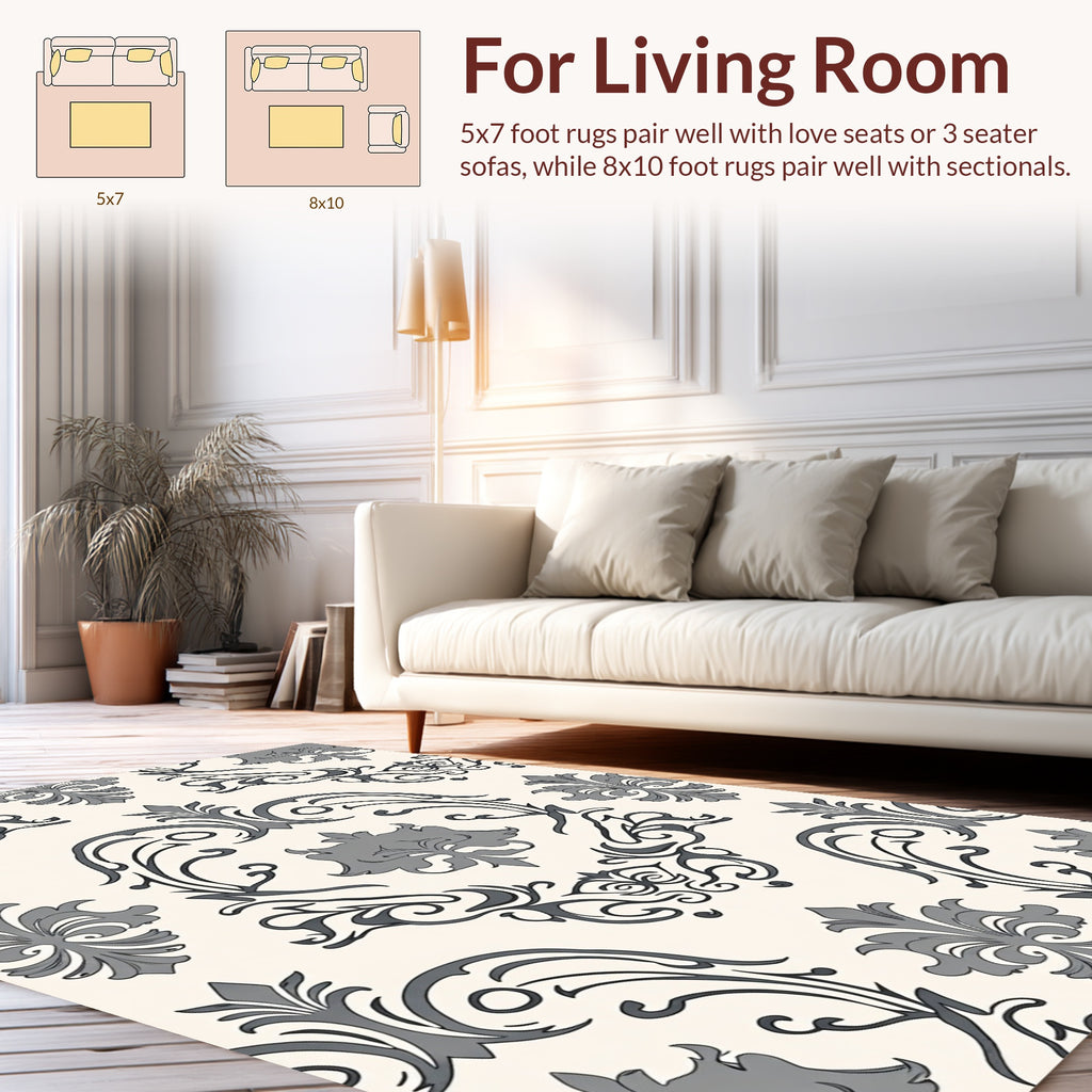 Classic Gray Cream Damask Pattern Rug