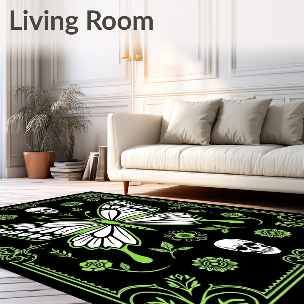 Neon Green Butterfly Skull Border Rug
