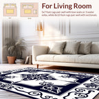 Dark Blue White Ornamental Floral Design Rug