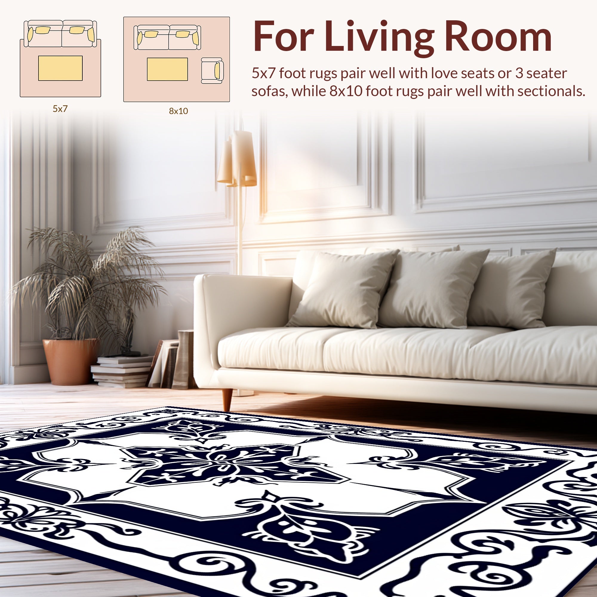 Dark Blue White Ornamental Floral Design Rug