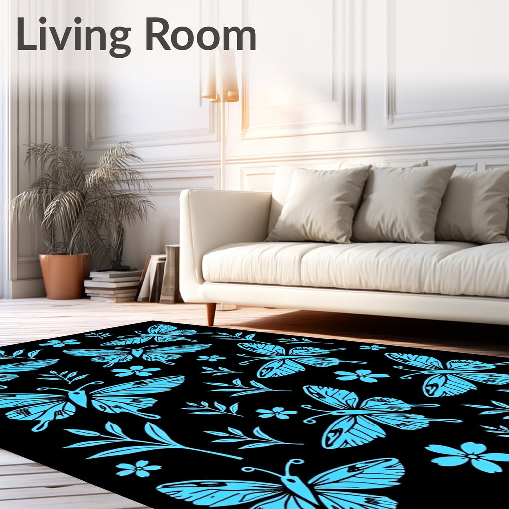 Bright Blue Butterfly Garden Whimsy Rug