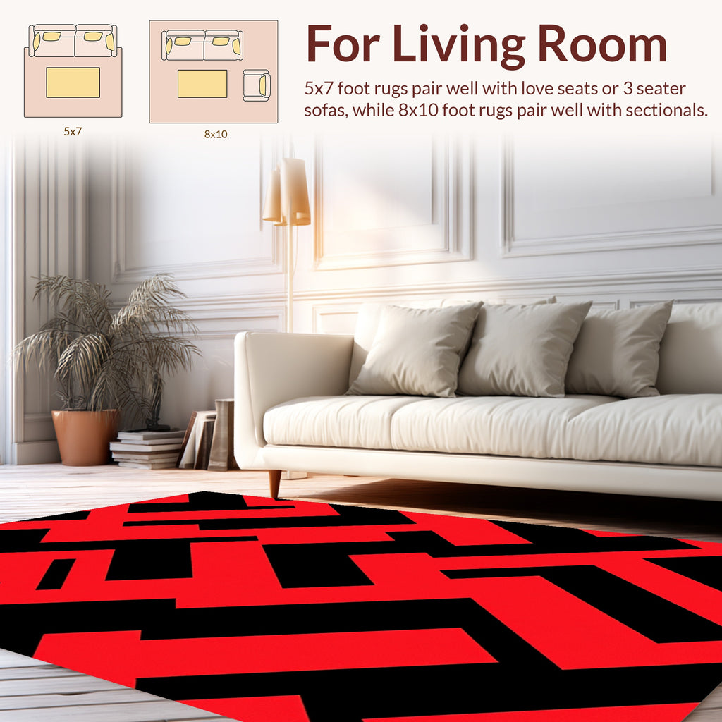 Bold Red Black Geometric Maze Pattern Rug