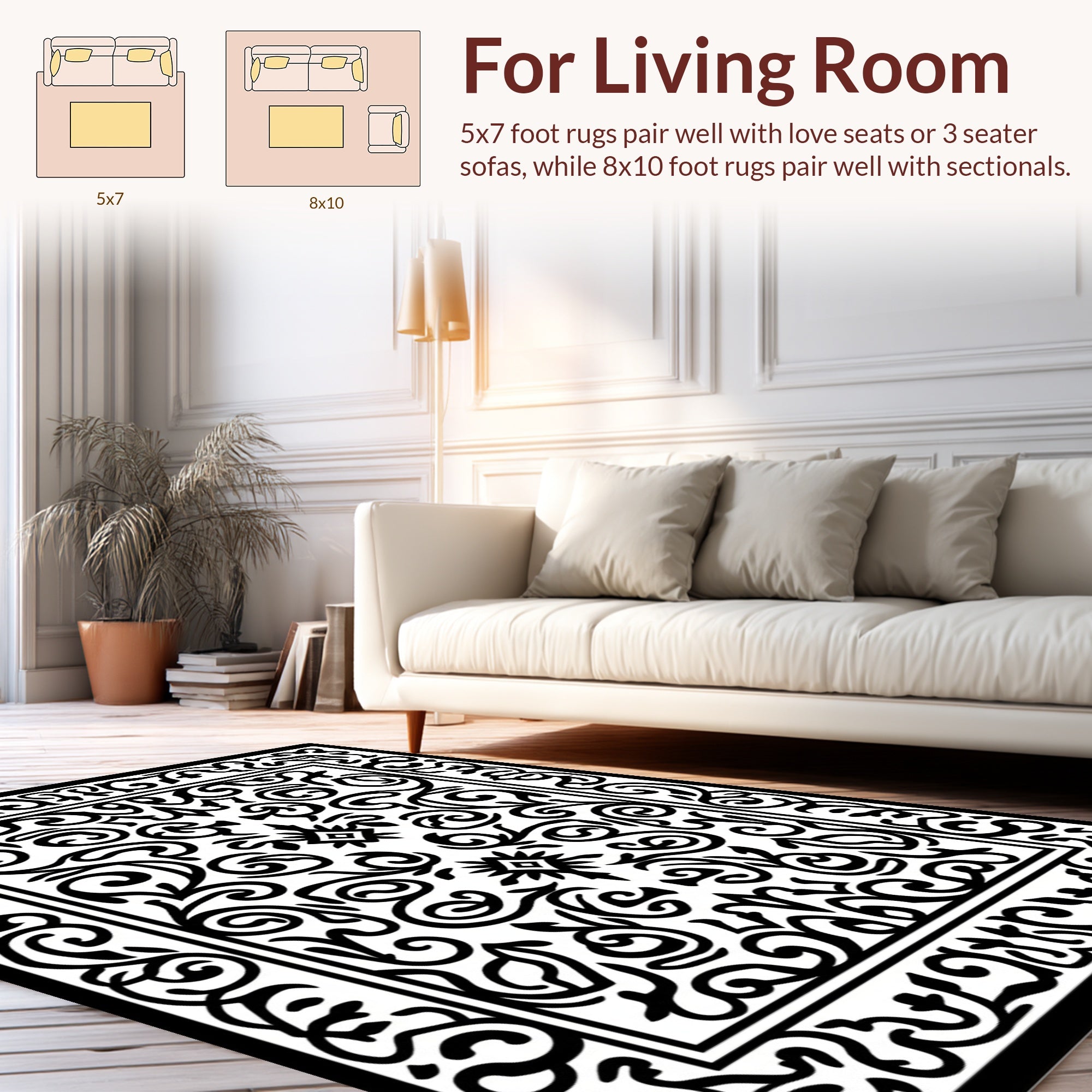 Black White Floral Scroll Work Rug