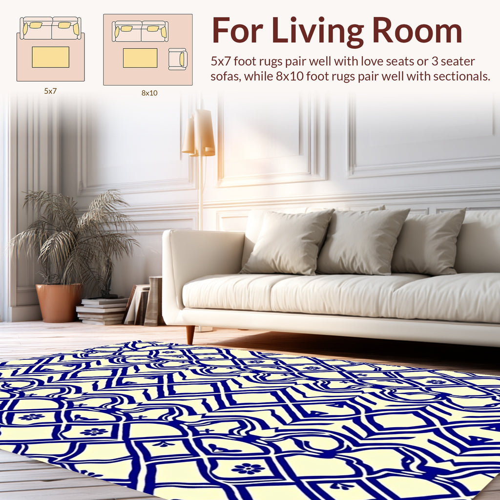 Blue Cream Lattice Floral Design Rug