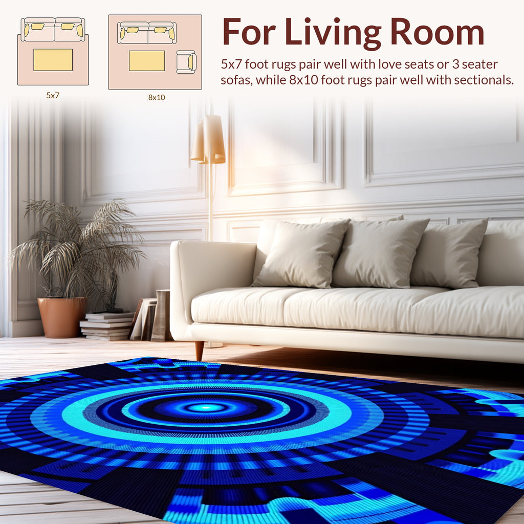 Concentric Blue Neon Circular Design Rug