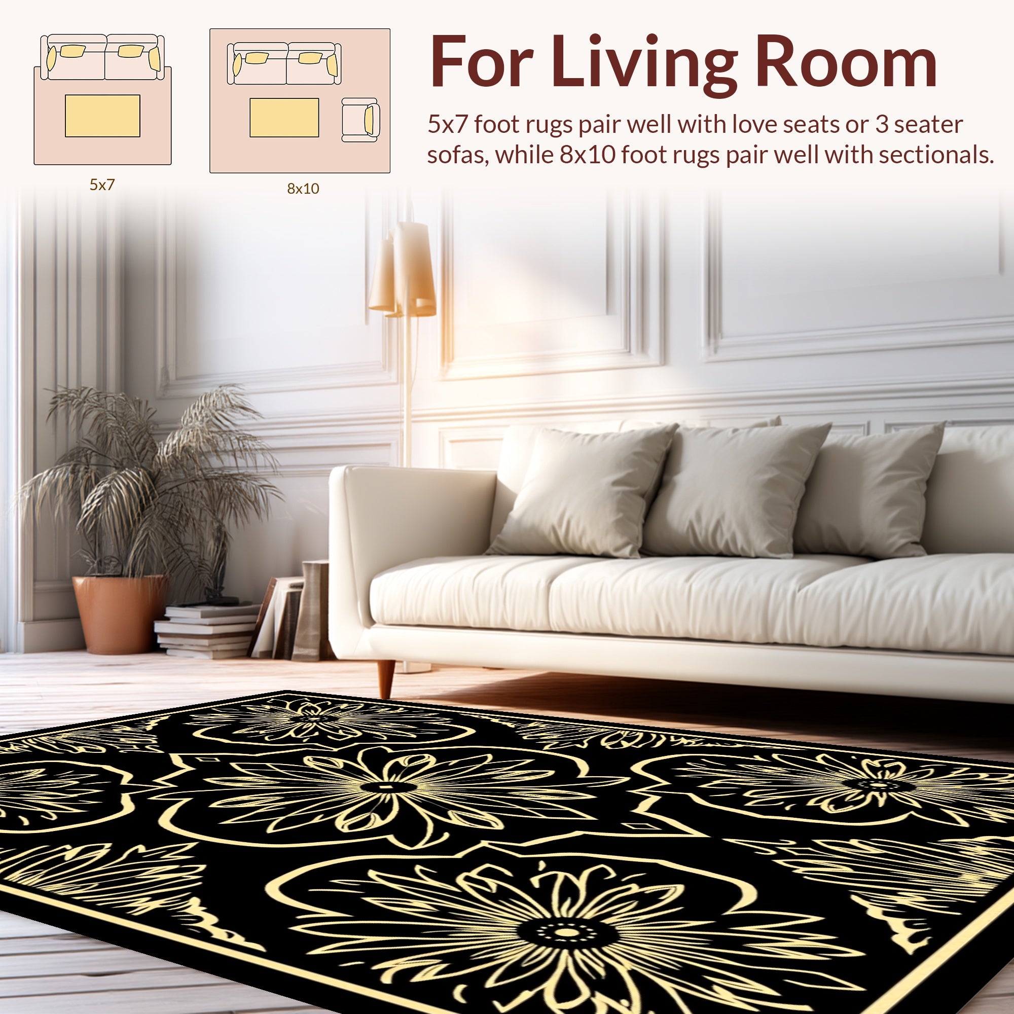 Golden Floral Symmetry Art Rug