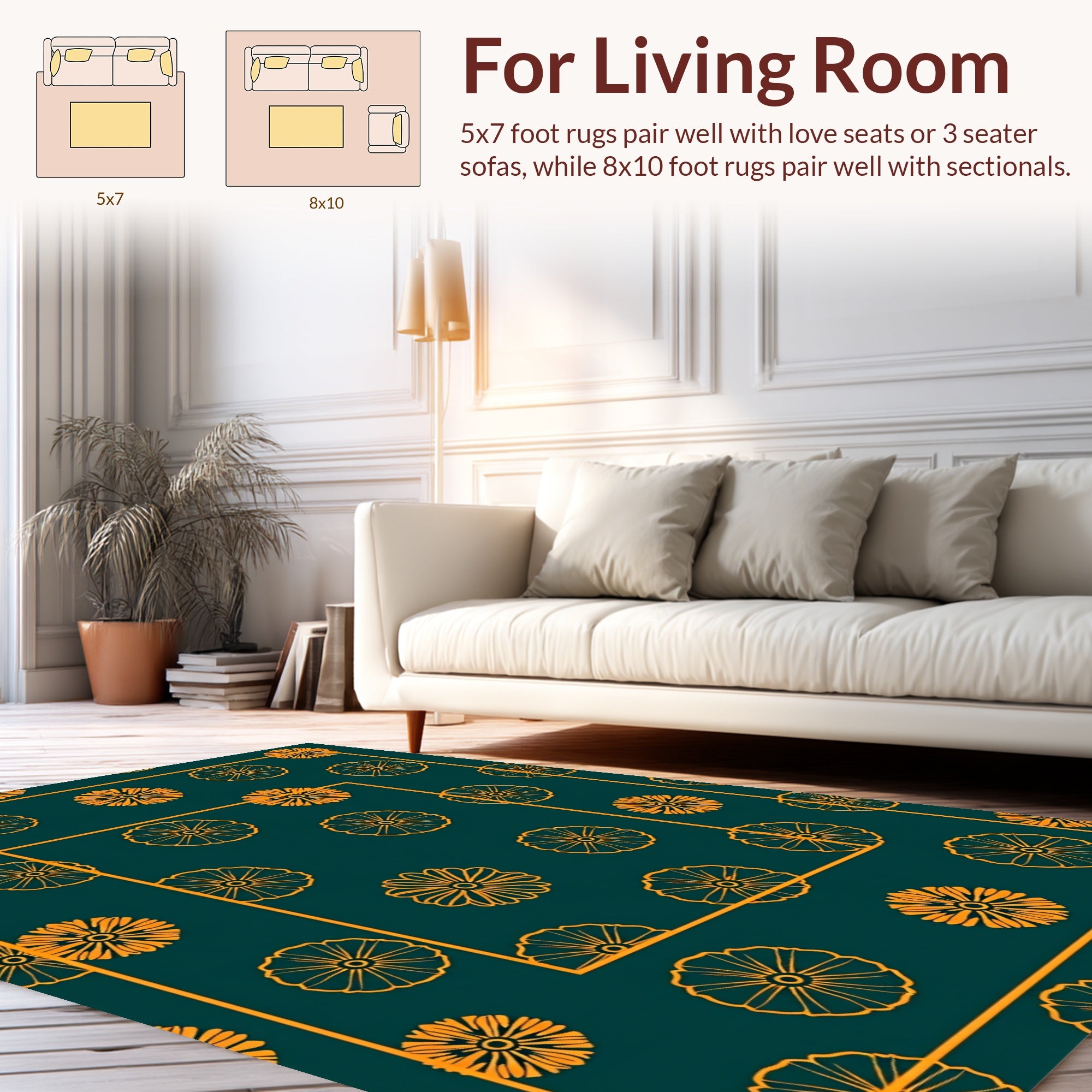 Orange Floral Pattern On Deep Teal Rug