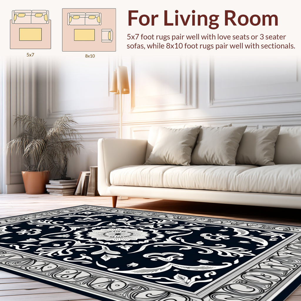 Elegant Black White Floral Relief Rug