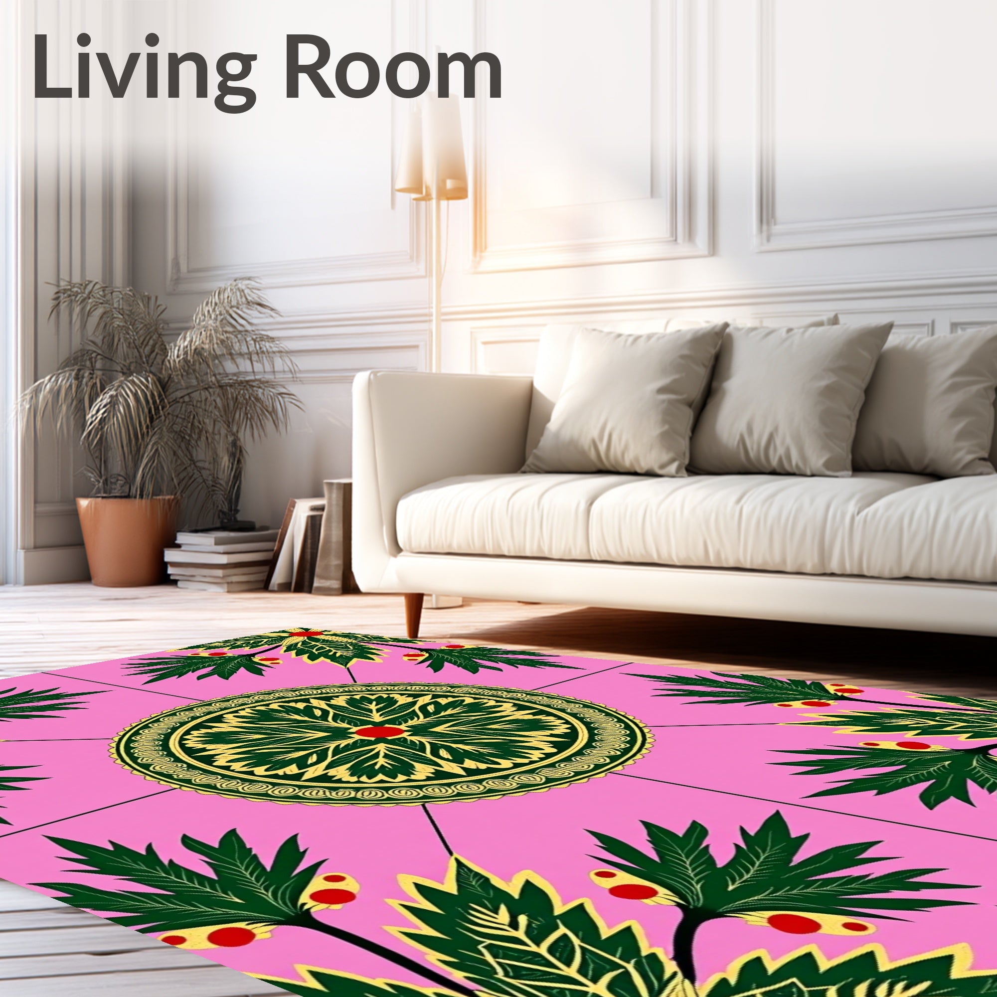 Pink Green Leaf Medallion Floral Rug