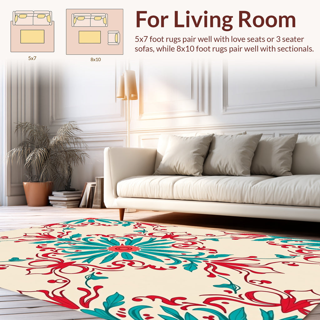 Regal Red Teal Floral Mandala Design Rug