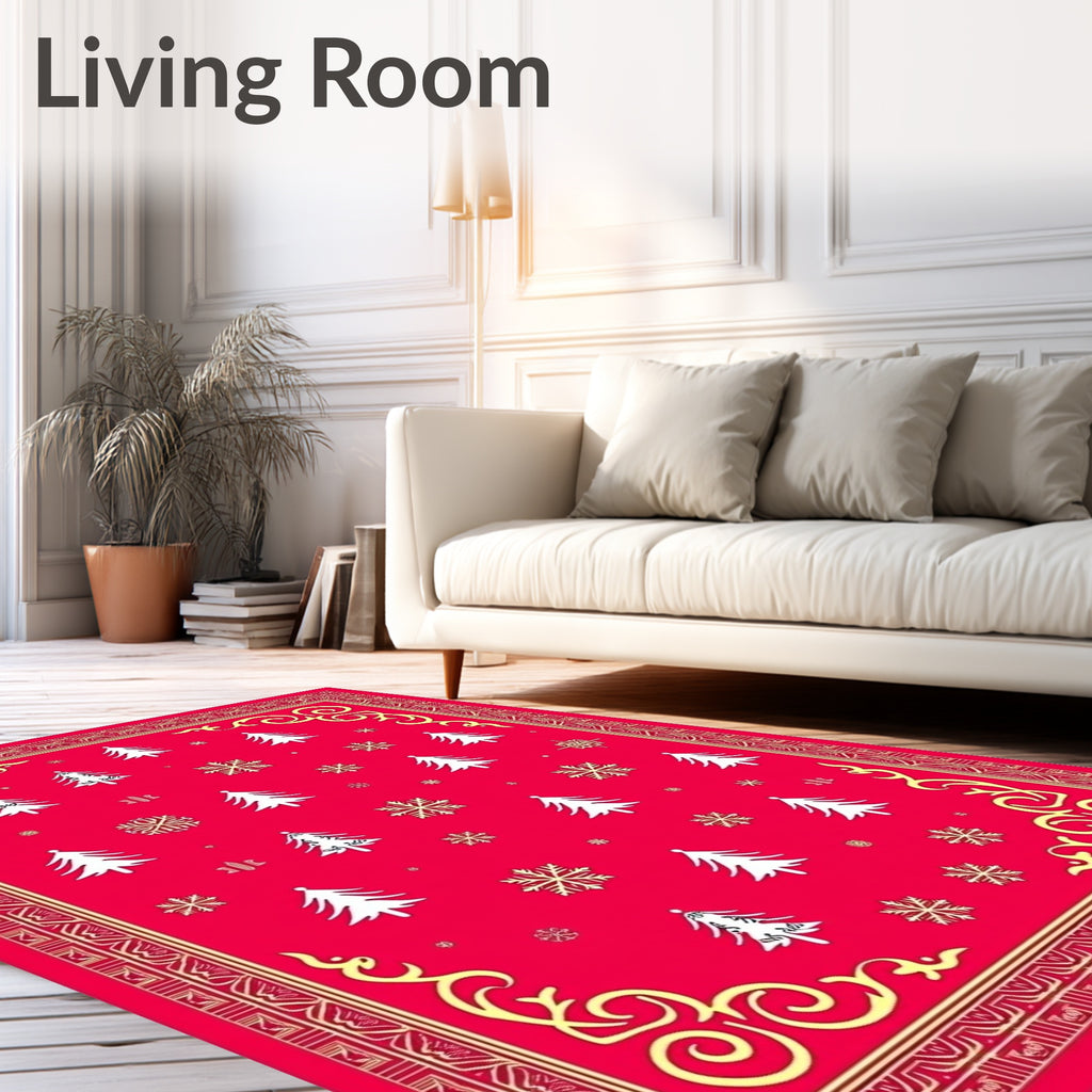 Crimson Christmas Trees Snowflakes Border Rug