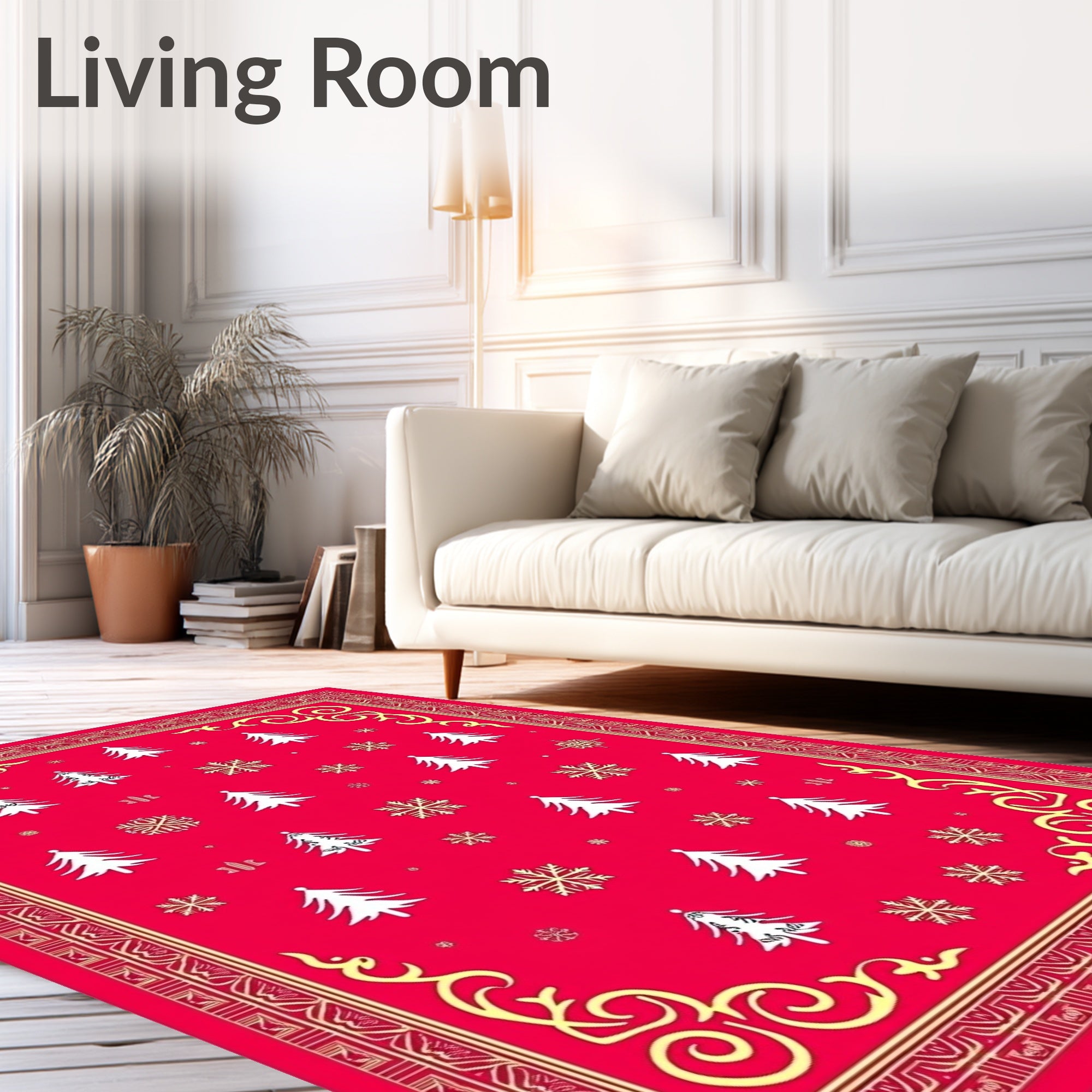 Crimson Christmas Trees Snowflakes Border Rug