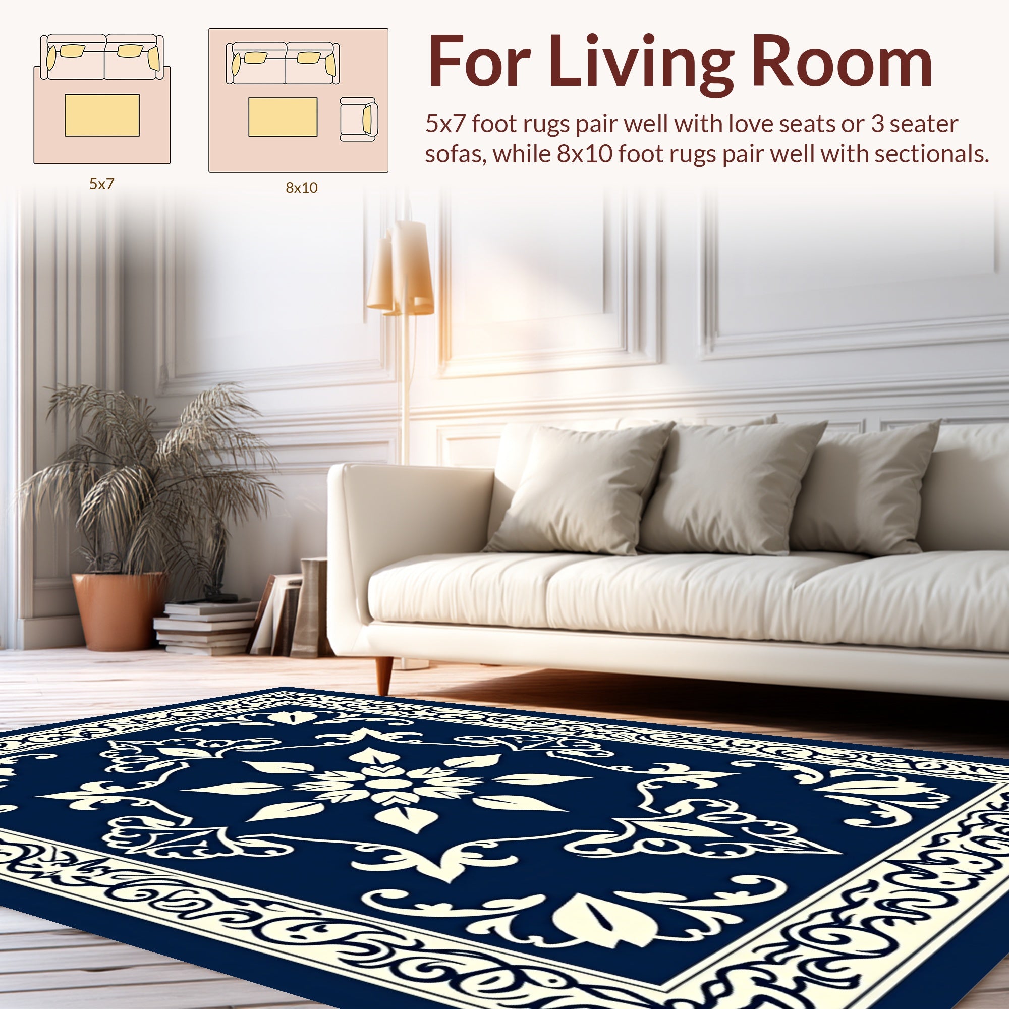 Intricate Floral Cream Navy Pattern Rug