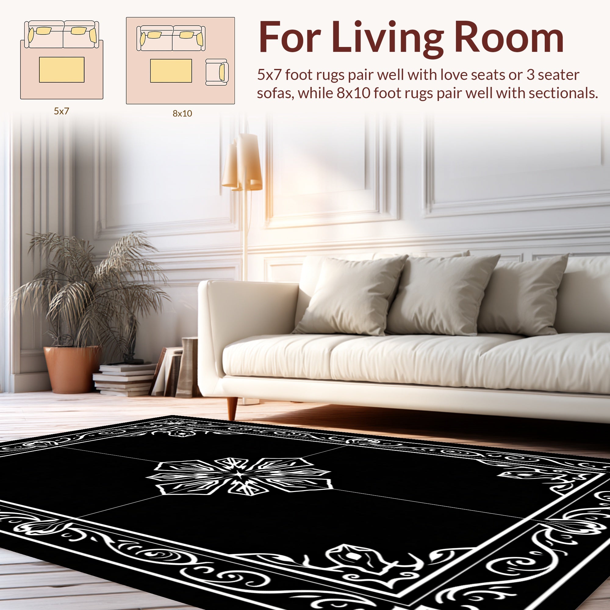 Ornate Black White Floral Medallion Rug