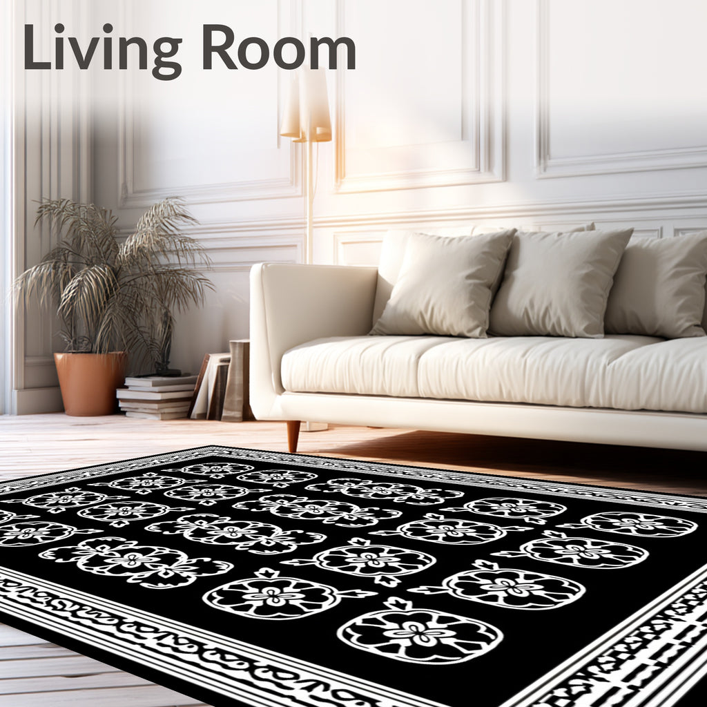 Black White Floral Motif Patterned Rug