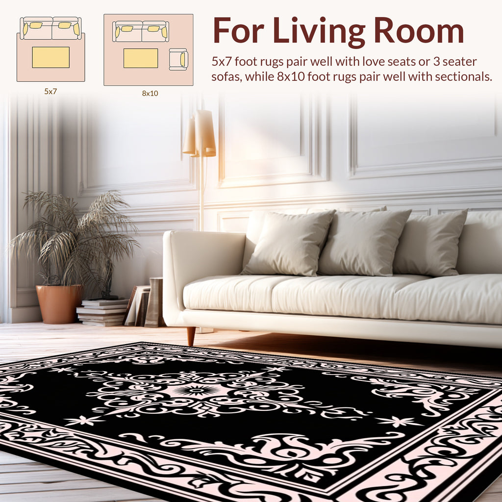Elegant Black Pink Damask Pattern Rug