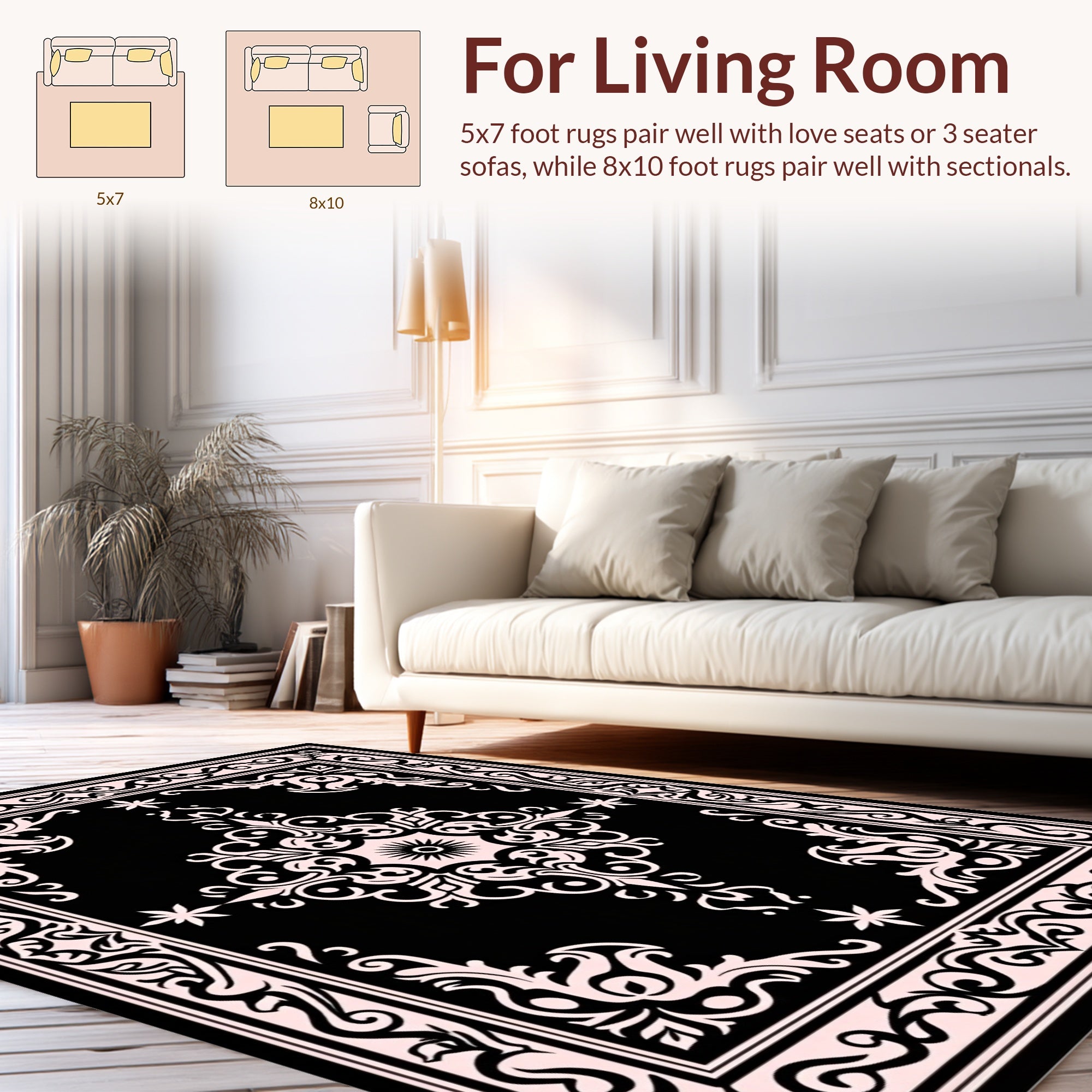 Elegant Black Pink Damask Pattern Rug
