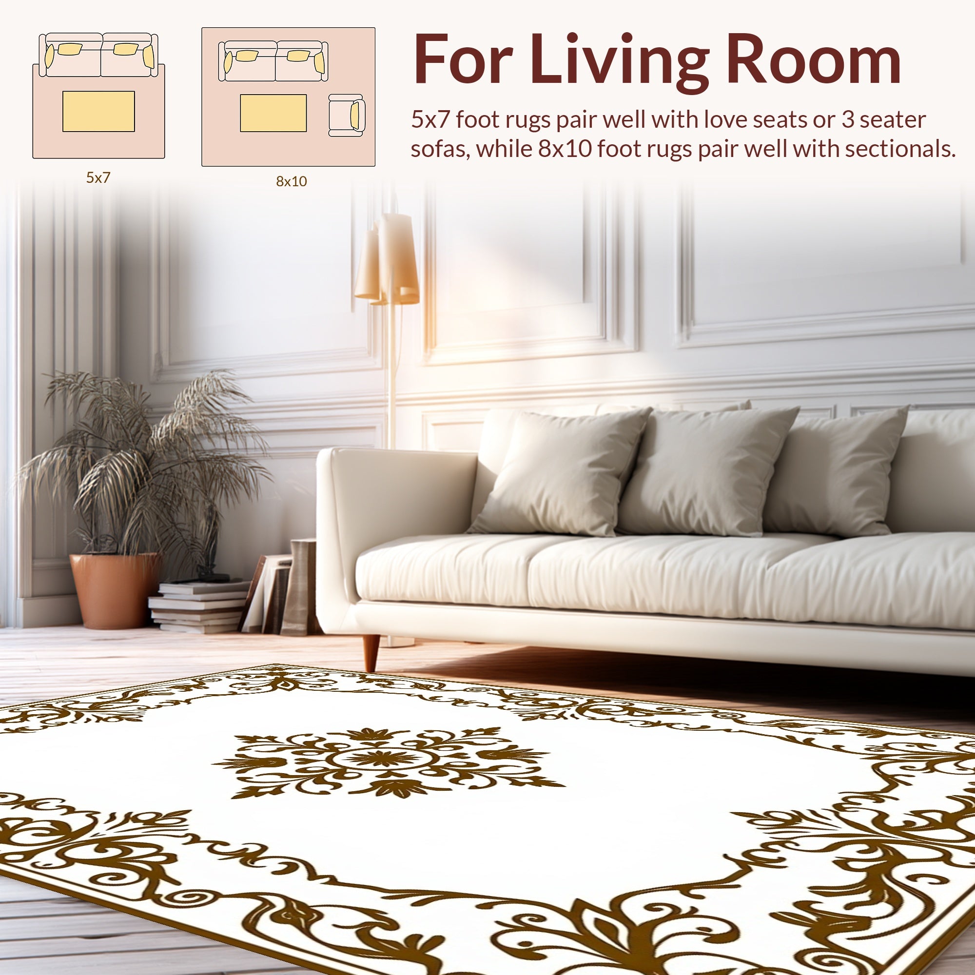 Ornate Brown Floral Scrollwork Design Rug