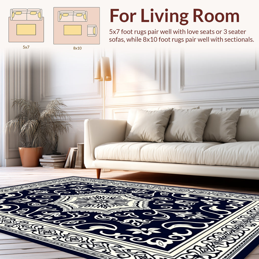 Ornate Floral Medallion Creamy Navy Rug