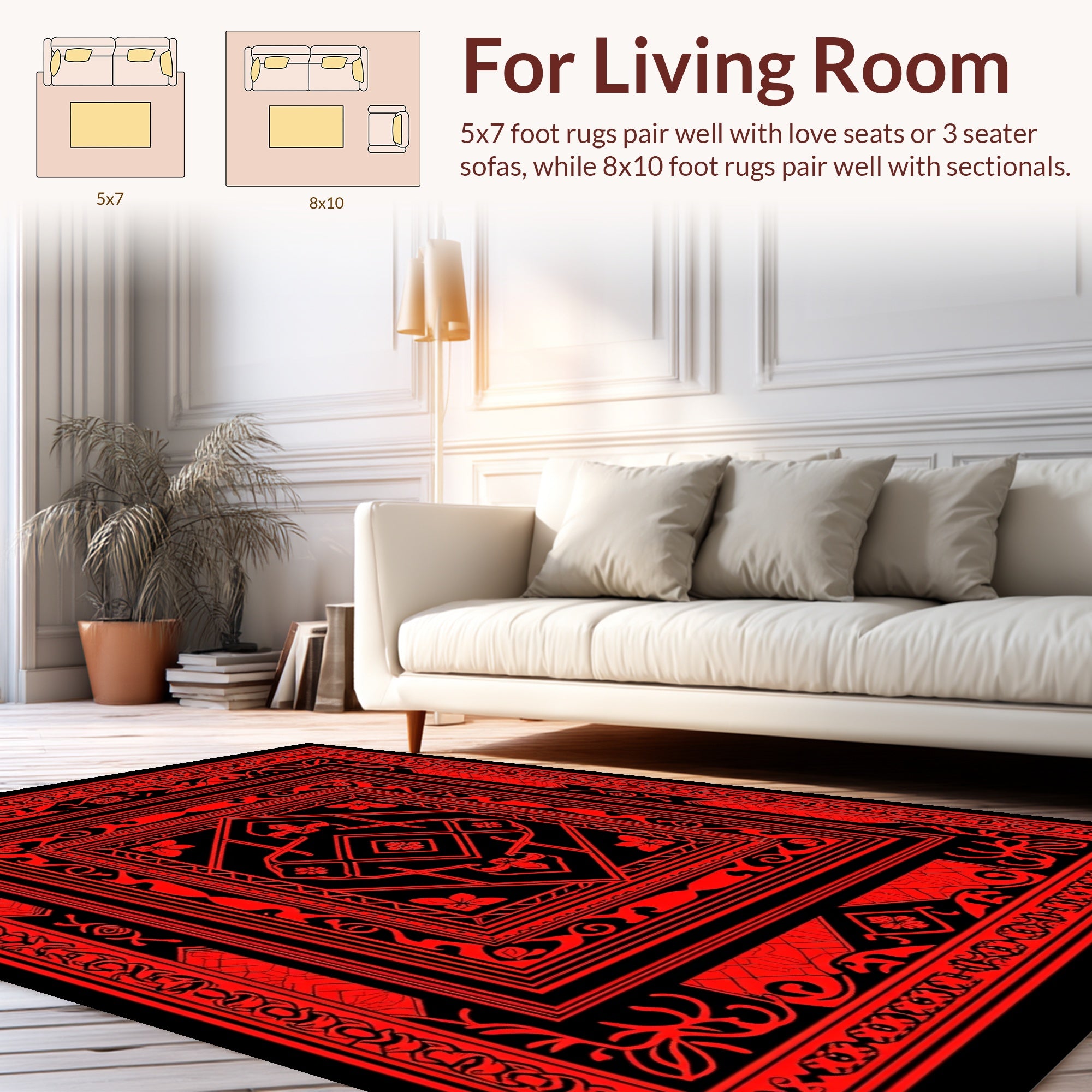 Bold Red Black Geometric Floral Border Design Rug
