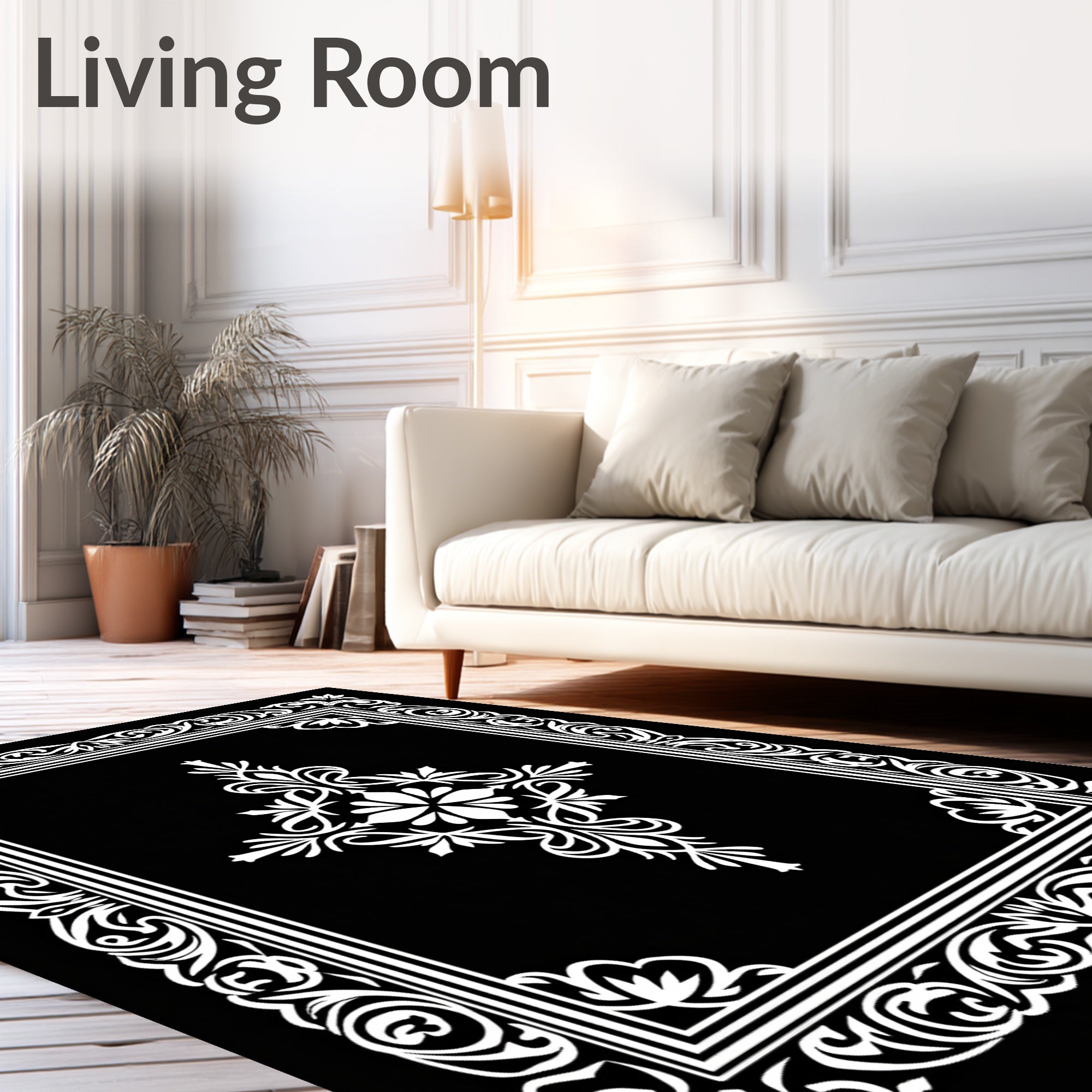 Intricate Black White Scrollwork Design Rug