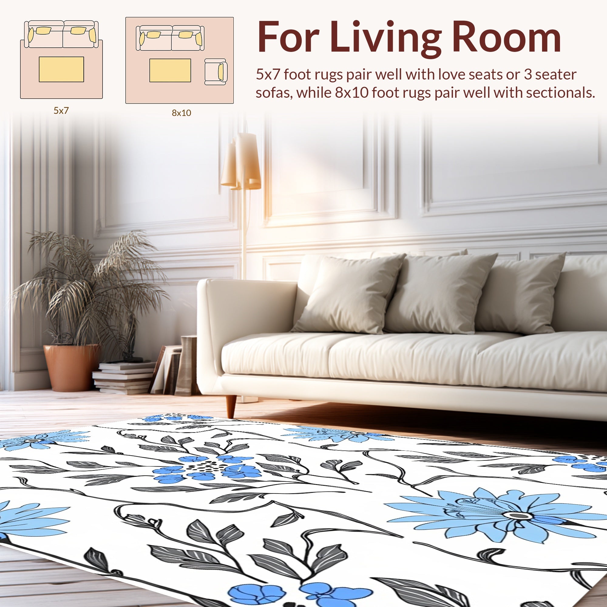 Blue Gray Botanical Pattern Rug