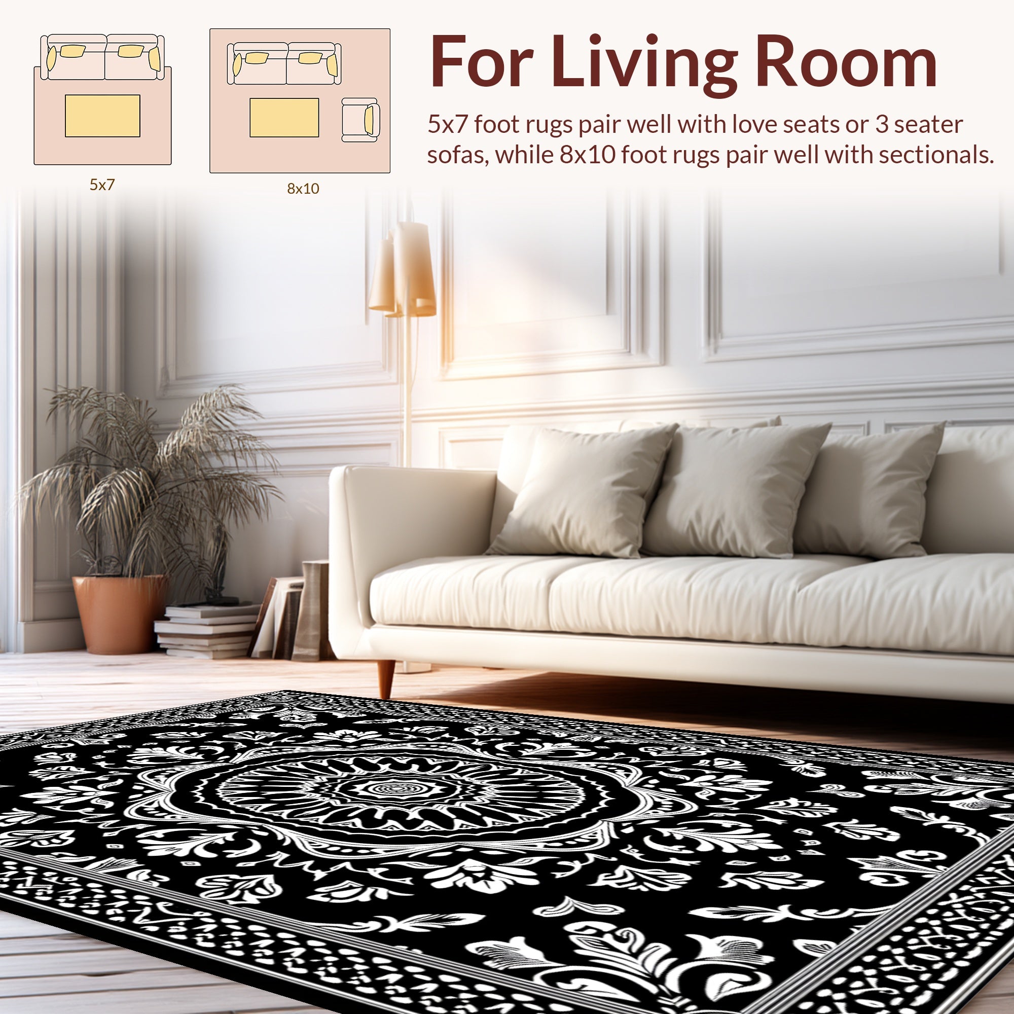 Black and White Mandalas and Floral Rug