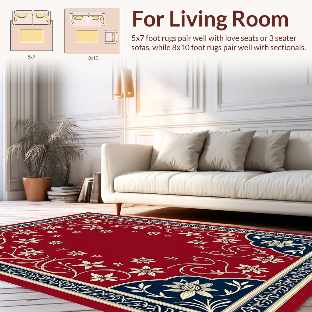 Floral Elegance Red Cream Navy Rug