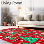Red Christmas Elves Candy Cane Trees Rug