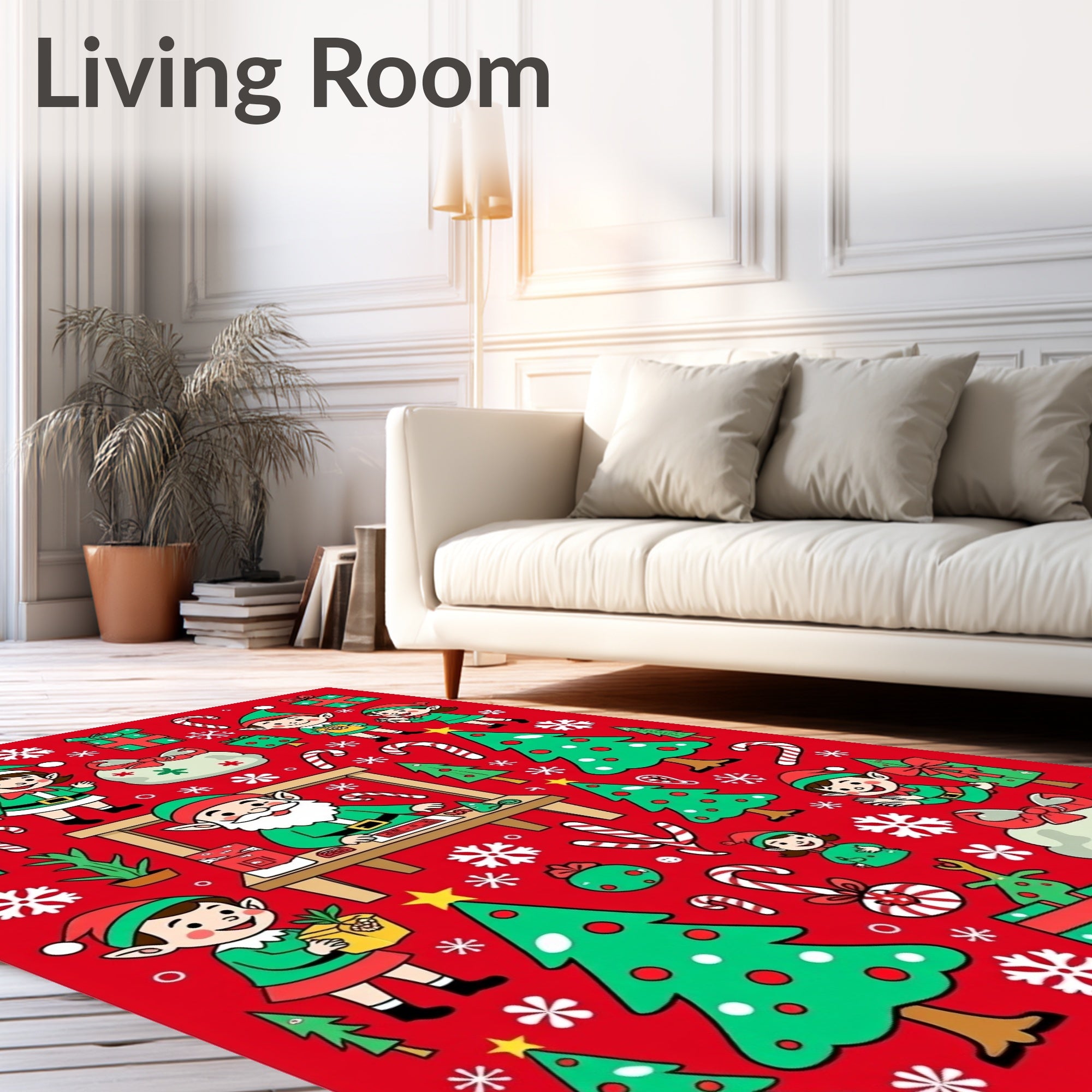 Red Christmas Elves Candy Cane Trees Rug