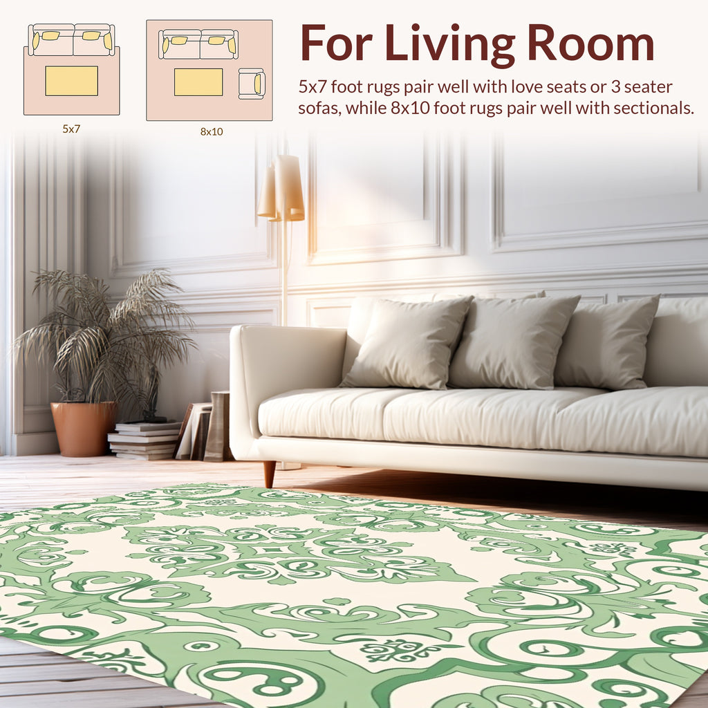 Green Swirls Classic Damask Pattern Rug
